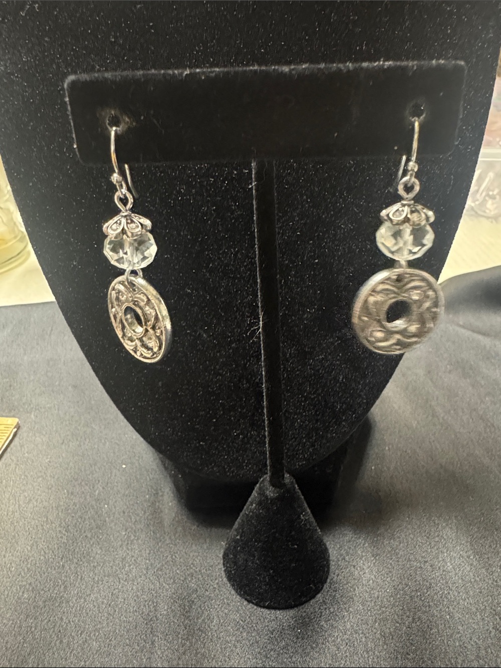 Silver-Tone Filigree Drop Earrings with Clear Crystal Accent - Women Jewelry